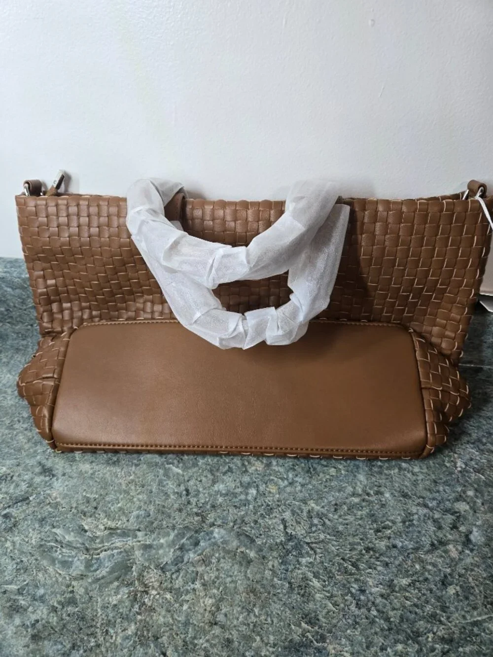 Queenoris Woven Vegan Leather Handbag Brown Shoulder Tote Purse with Strap New